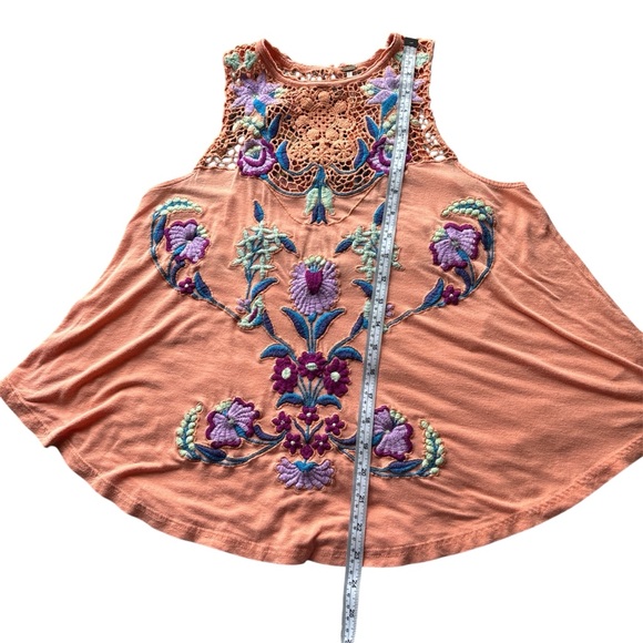 Free People Embroidered Crochet Tank Top Size Small Orange Boho Linen Blend - Picture 9 of 10